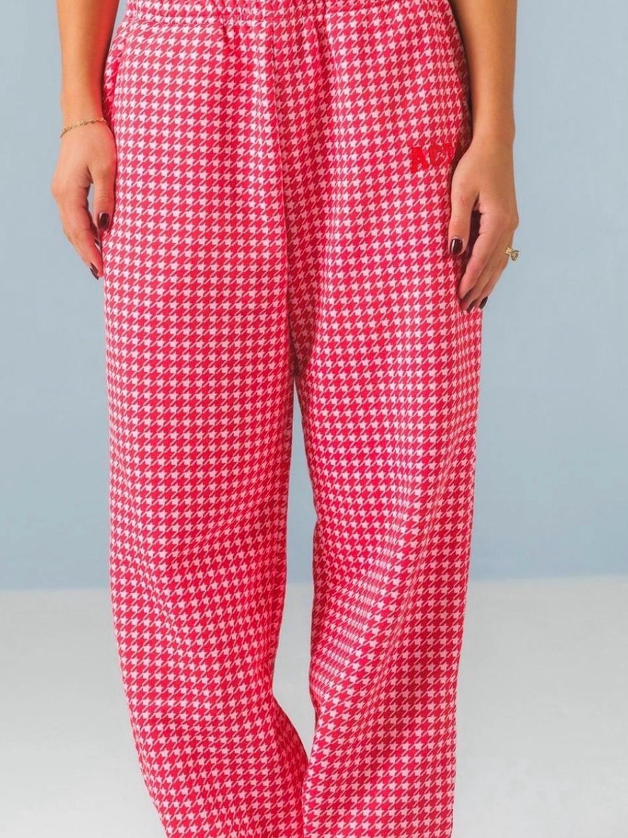 Nwt Acta Wear Pink & Red Houndstooth Straight Leg Sweatpants - Large